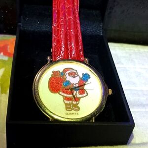 Vintage Glitter Santa Watch leather red band